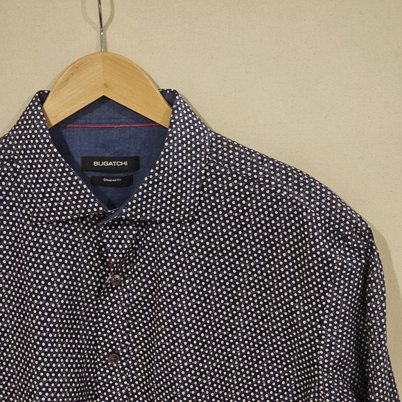 Bugatchi Men's Dark Blue and White Patterned Shirt - Picture 1 of 5